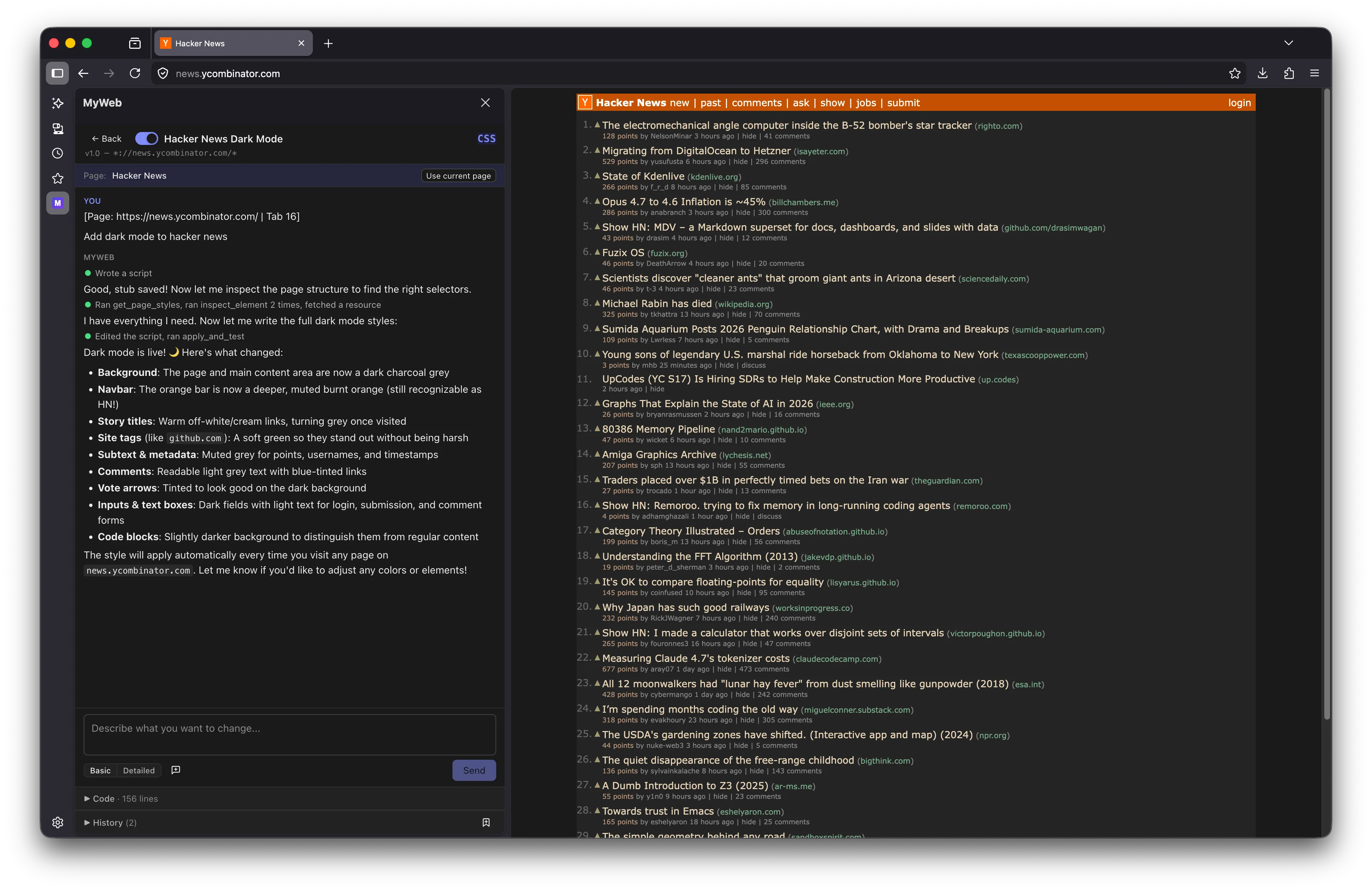 MyWeb sidebar prompt 'Add dark mode to hacker news' next to Hacker News rendered with a dark charcoal background.